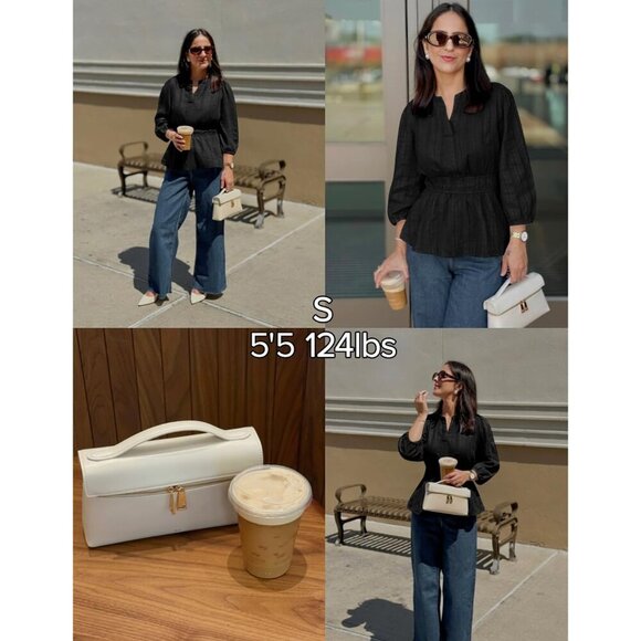 Women's Cotton Babydoll Tops V-Neck Puff Sleeve Casual Dressy Fall - Picture 6 of 7